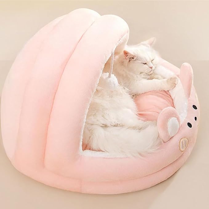 Cat Bed for Indoor Cats, Dog Bed with Anti-Slip Bottom, Rabbit-Shaped Cat/Small Dog Cave with Hanging Toy, Puppy Beds with Removable Cotton Pad, Super Soft Calming Pet Sofa Bed (Pink, Medium)