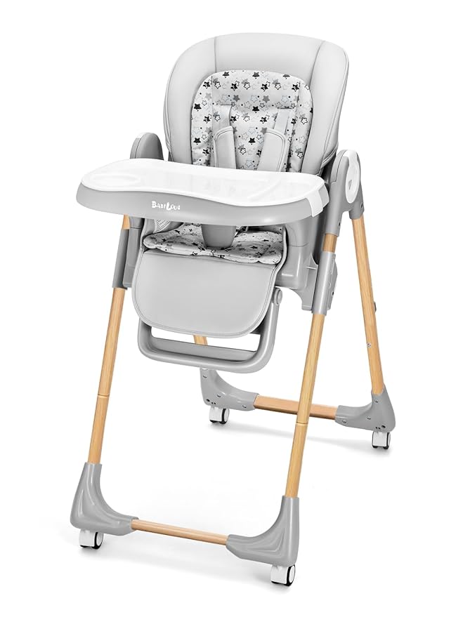 Foldable High Chair with Soft Cushion, High Chairs for Babies and Toddlers, Height Adjustable Feeding Chair, Adjustable Backrest and Footrest, Lockable Wheels, Woodgrain Star Gray
