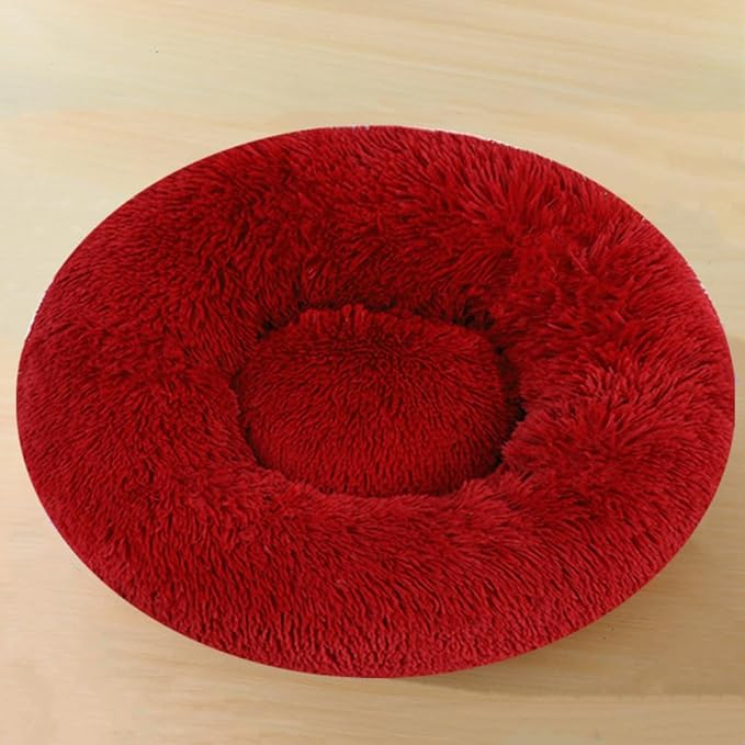 Calming Dog & Cat Bed, 24 Inch Anti-Anxiety Donut Cuddler Cat Bed with Anti-Slip Bottom, Washable Round Fluffy Pet Bed for Small Medium Dogs and Cats (Red)
