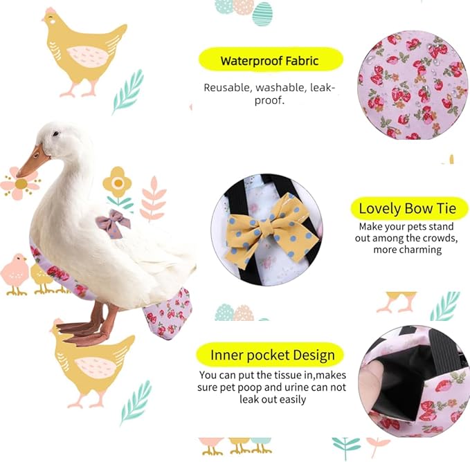 MANON ROSA Chicken Diapers Bantam Hens - Reusable 3-Piece Set with Bow Ties Poultry Nappies Washable Waterproof for Geese Pet Ducks Silkie (Polka Dot Medium)