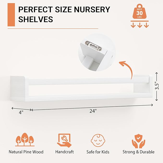 Heimlove Nursery Floating Shelves, White Nursery Book Shelves for Wall, 24 inch Wall Bookshelf for Kids Solid Wood Wall Mounted Shelves for Books,Toys and Decor Storage, Set of 3