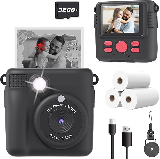 Kids Camera Instant Print, Christmas Birthday Gifts for Kids Age 3-12, Selfie Digital Camera with 1080P Videos,Toddler Portable Travel Cameras Toy for 4 5 6 7 8 9 Year Old Boys Black