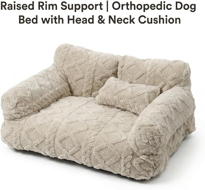 Plush Calming Pet Sofa Bed, Raised Rim, Removable Cover & Non-Slip Bottom for Cats & Dogs, Calming Dog Bed Fluffy Plush Dog Mat for Furniture Protector with Removable Washable Cover (Beige, Large)