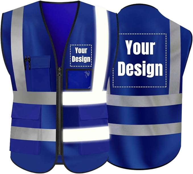 YOWESHOP High Visibility Safety Vest Custom Your Logo Protective Workwear 5 Pockets With Reflective Strips Outdoor Work Vest (Navy Blue (3XL))