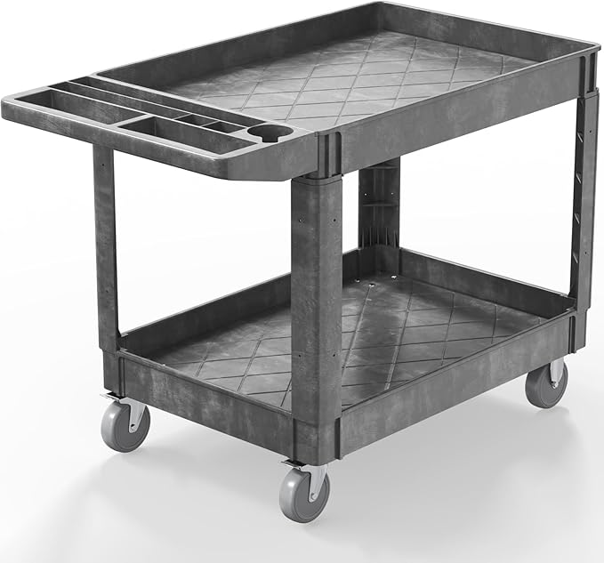 Utility Cart on Wheels, 1000 lbs Capacity Rolling Service Cart, 45 x 25 Inch Work Carts, 2 Shelf Heavy Duty Plastic Tool Cart, Lipped Shelves, for Warehouse, Garage, Cleaning, Gray