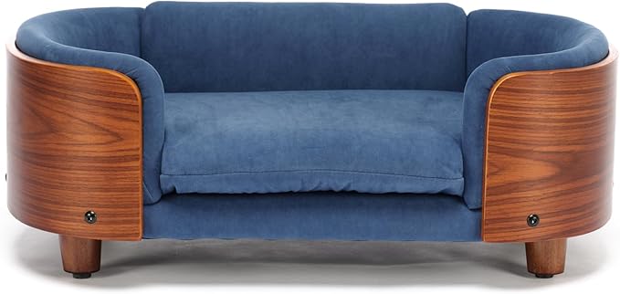 Scandinavian Style Elevated Dog Bed, Pet Sofa with Solid Wood Frame & Walnut Bent Wood Back, Orthopedic Support, Removable Washable Velvet Cover, Small Size, Dark Blue