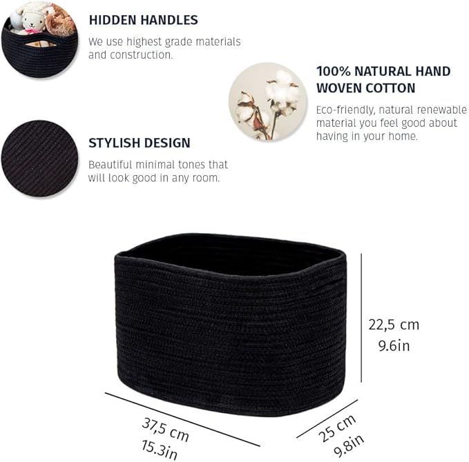 OrganiHaus Black Basket for Storage| Cotton Rope Basket | Woven Baskets for Storage | Towel Baskets for Bathroom | Decorative Rectangular Storage Baskets for Closet | Woven Book Baskets for Organizing