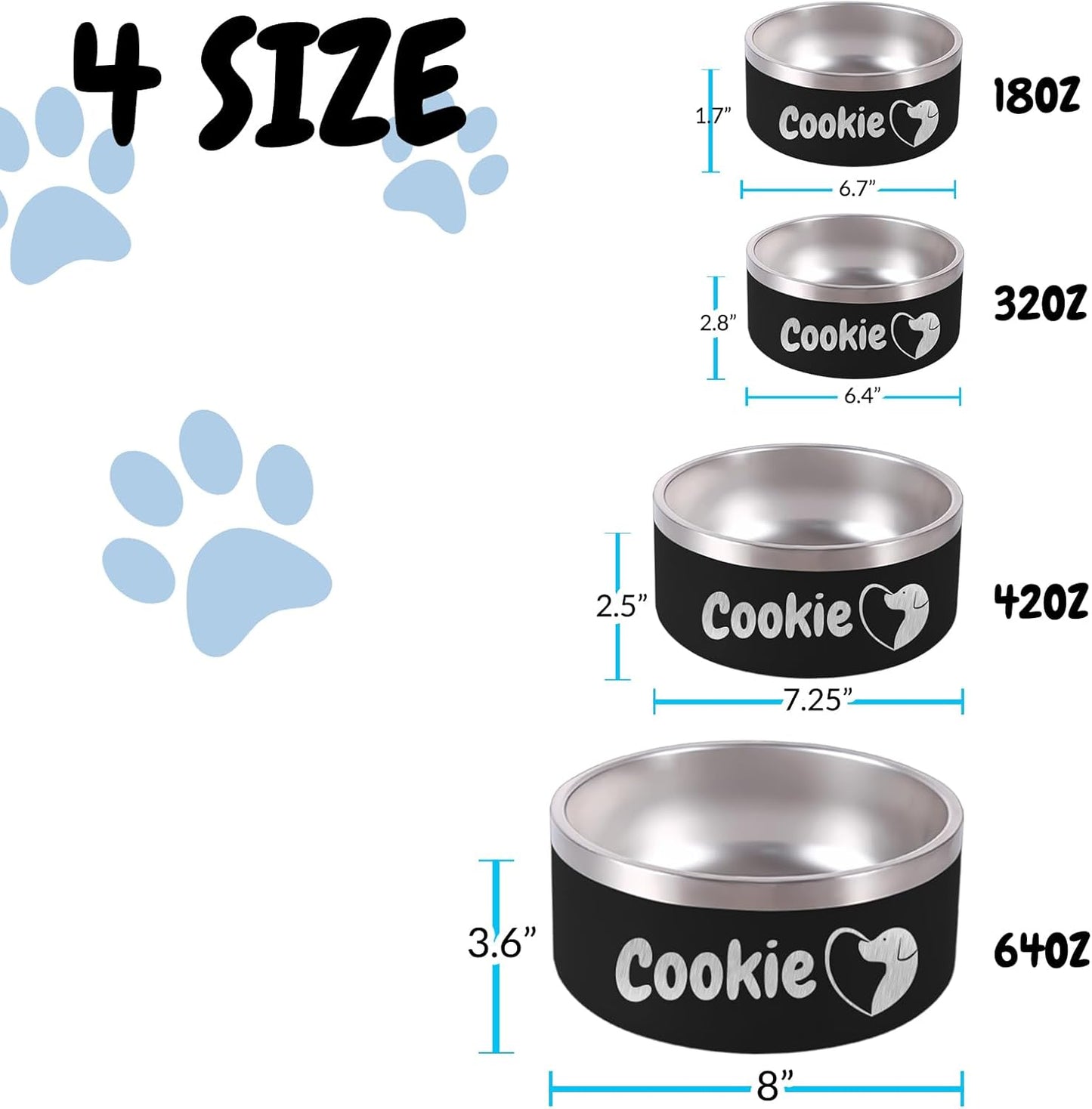 42OZ Personalized Dog Bowl Laser Engraved Custom Pet Name 18/32/42/64 oz No Slip Stainless Steel Insulated Bite-Resistant Food Water Dishes-White