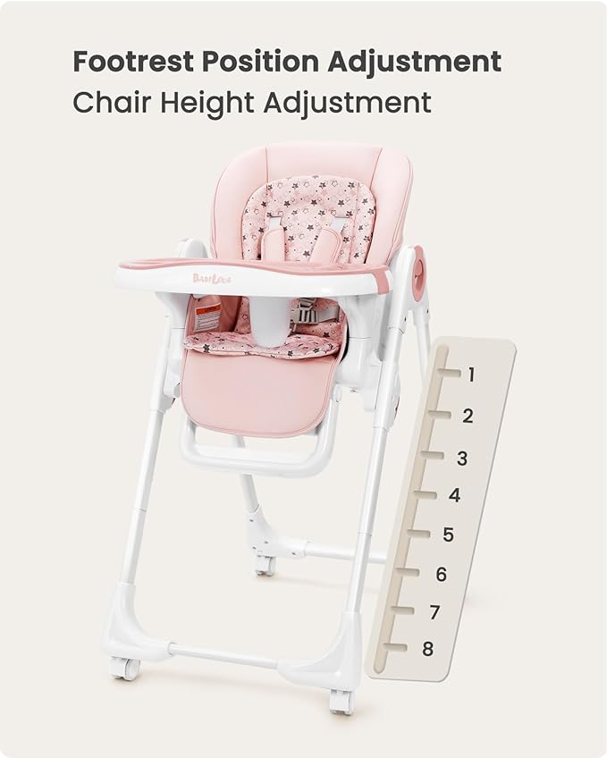 Foldable High Chair with Soft Cushion, High Chairs for Babies and Toddlers, Height Adjustable Feeding Chair, Adjustable Backrest and Footrest, Lockable Wheels, Star Pink