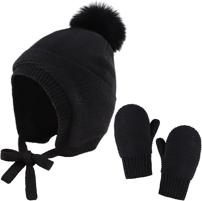 Basic Winter Baby Beanie Gloves Boys Girls Knitted Hat Pompom Kids Earflap Hats Warm Infant Toddler Beanie Mittens Set