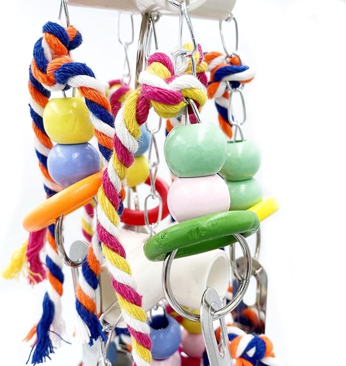 New Upgraded Metallic Pots and Multicolored Ring Toys, Pullable 8 Stainless Steel Cups and 8 Wooden Ring Toys for Large and Extra Large Parrot Amazons Macaws African Greys Cockatoos Eclectus