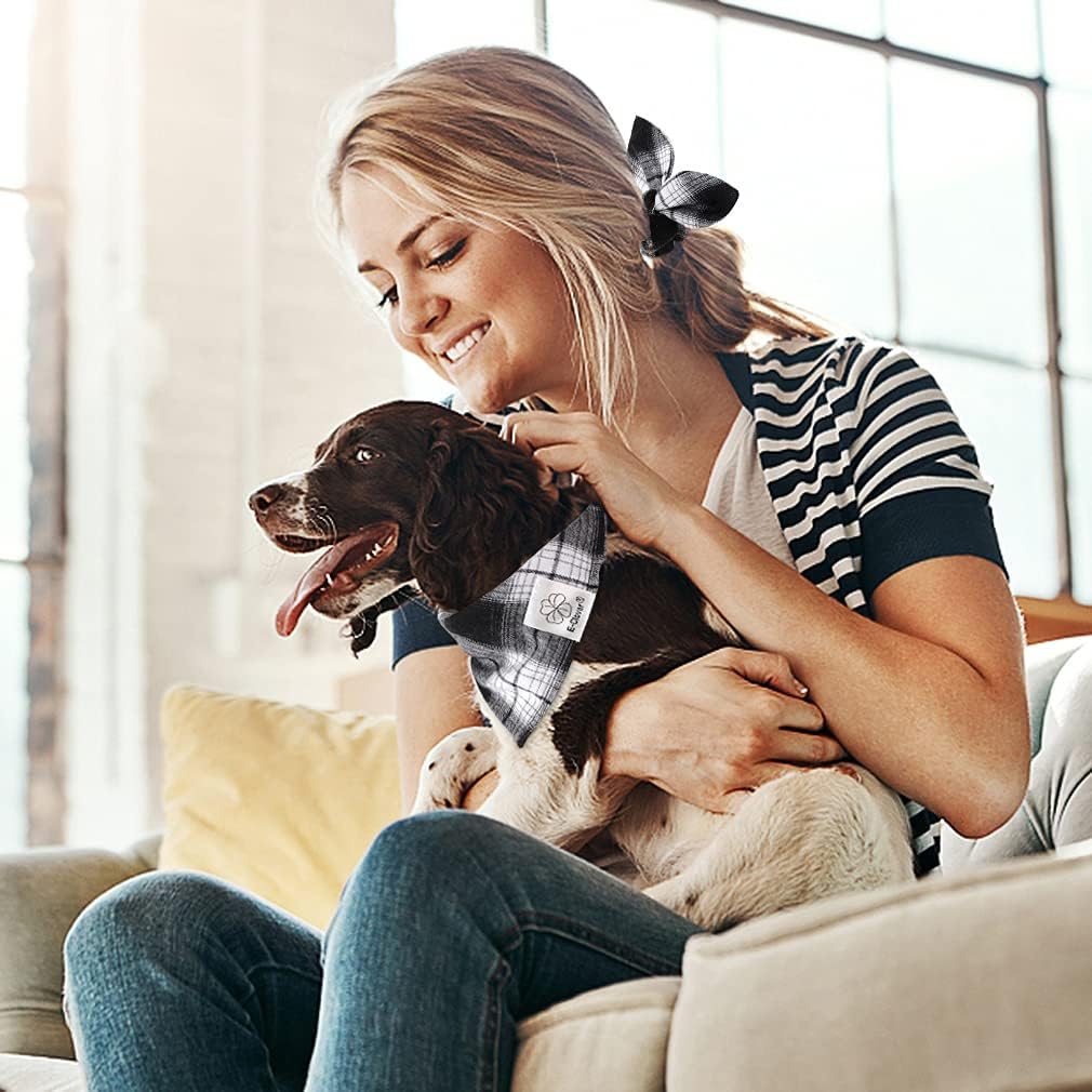 E-Clover Plaid Dog Scarf & Matching Scrunchie Set - Triangle Pet Bandana Bibs for Small Dog Puppy Owner Birthday Gifts - Black & White