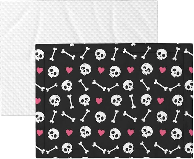 Dog and Cat Blanket in One, Cartoon Skulls with Hearts On Black, Double Sided Plush Throw with Raised Dot Pattern on One Side and Flat Velvet on Other for Variety