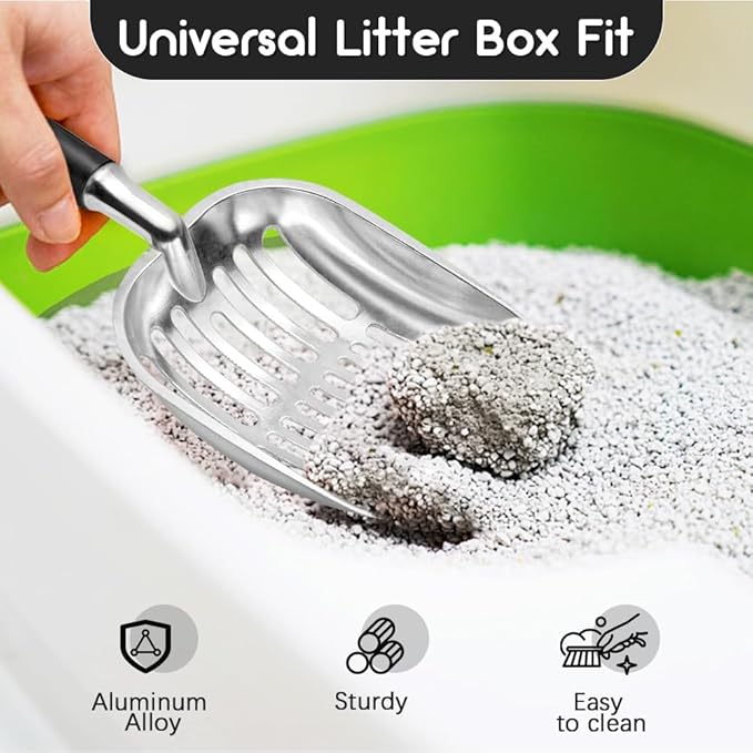 Cat Litter Scoop, Metal Cat Scooper, Plastic Handle Scoop, Sifting Shovel – Heavy Duty Aluminum Alloy Litter Box Scoop with Deep Mesh, Design for Easy Waste Removal and Cleaning, (Black)