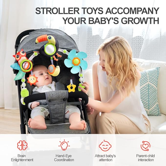 Koty Baby Stroller Arch Toy with Teether, Rattle, Crinkle Sound, Mirror & Music Box, Newborns Sensory Activity Carrier Take-Along Toy, Adjustable for Bouncers, Car Seat & Pram 0M+(Toucan)