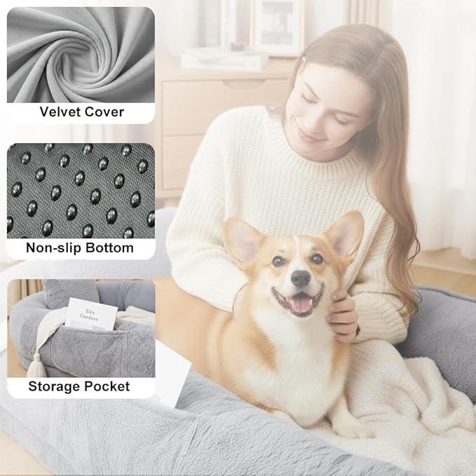 Human Dog Bed for Large Dog - Giant Dog Bed for Humans with High-Density Foam & Faux Fur Cover - Washable Bean Bag Bed Alternative for Napping, Gaming, and Pet Bonding