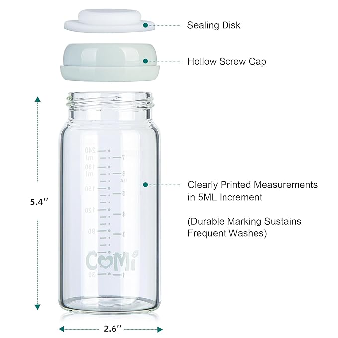 COMI Wide Neck Glass Breastmilk Collection n Storage Bottle, 6 Packs, 8oz with Screw Ring Sealing Disk; Re-markable Sealing Disc. BPA Free, Fits Breast Pumps & Nipples (3 Gray Lids + 3 Pink Lids)