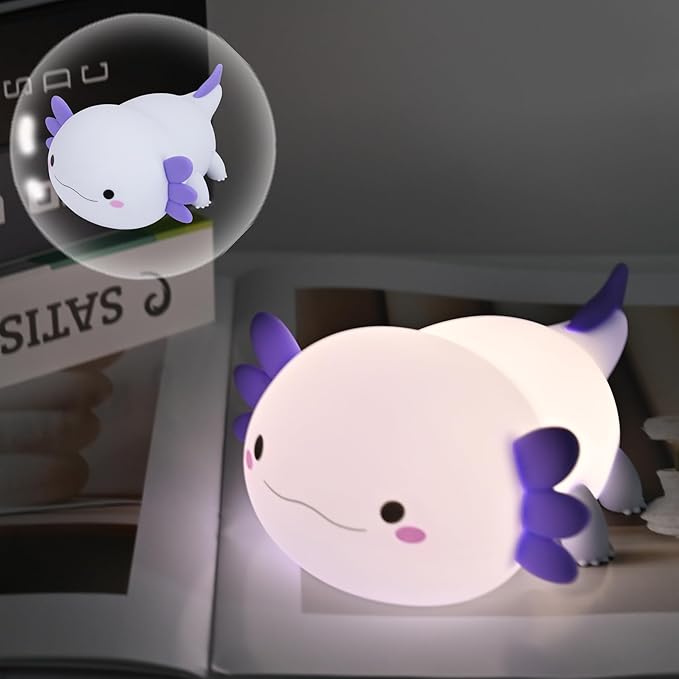 HAPPYBAG Axolotl Night Light,Cute Axolotl lamp Gifts for Kids,Dimmable Silicone Animal Nursery Night Light,Kawaii Rechargeable Bedside Touch Lamp,Baby Room Decor Axolotl Light