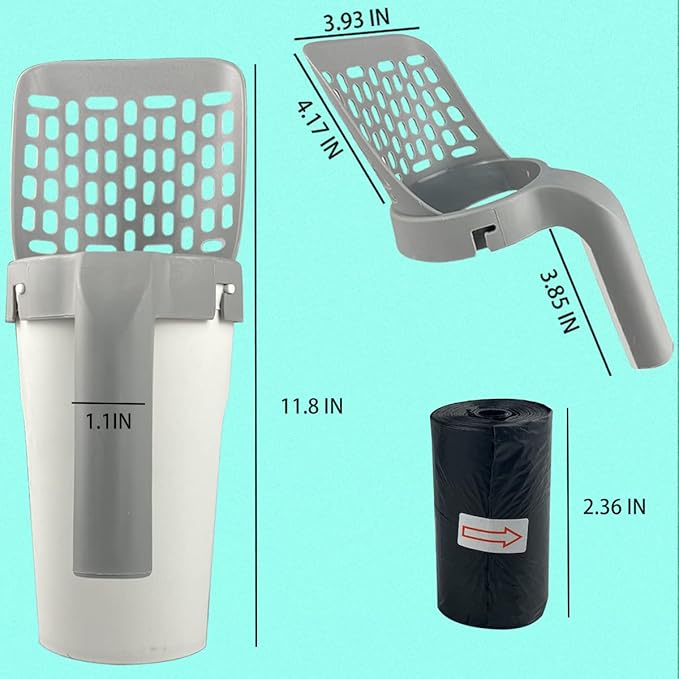 Cat Litter Scooper with Trash Container,Portable Litter Scoop Holder,Litter Scoop with Holder Provides 215 Garbage Bags,Scoop Litter Disposal System In One