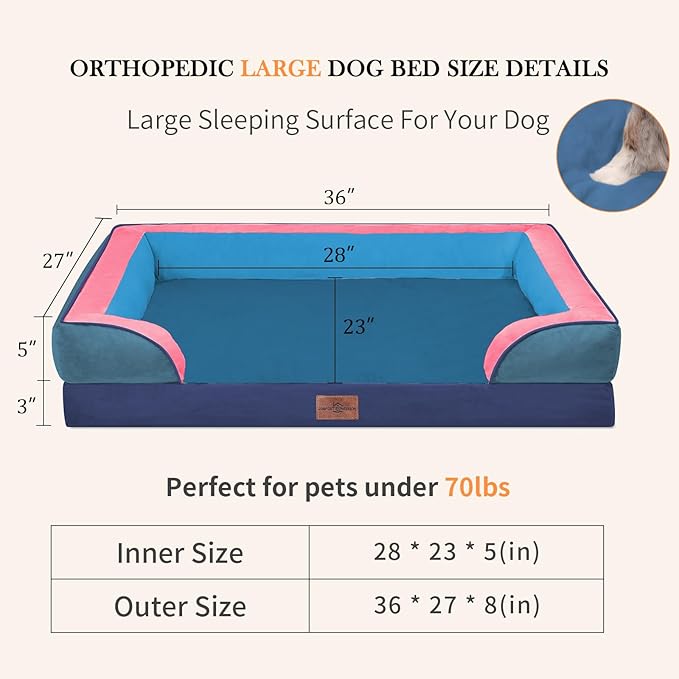 Comfort Expression Orthopedic Dog Bed for Large Dogs 36x27 Inch, Waterproof Egg Crate Foam Large Pet Bed with Removable Bolsters, Dog Couch with Washable Cover & Non-Slip Bottom, Enchanted Cove