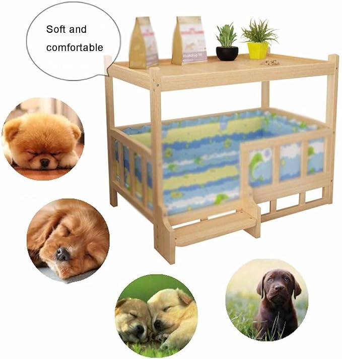 XPLKQXE Dog Bed Wood Platform, Elevated Pet Cushion Bed, Animal Couch with Mattress, Dog Beds & Furniture Rest Cot, Portable Fence Bed Pet Up to 45kg/100lbs(Color:Pink,Size:60x45x65cm)
