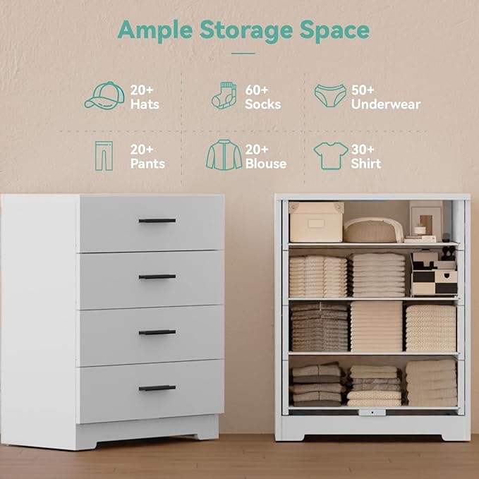 Dresser with Power Outlets Wooden 4 Drawer Dresser with USB and Type C Port Chest of Drawers for Bedroom Tall White Organizer Storage for Living Room Hallway Closet