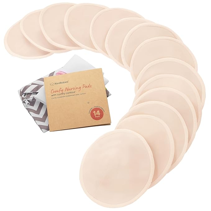 Organic Nursing Pads - 14 Washable Viscose Derived from Bamboo Breastfeeding Pads, Wash Bag, Reusable Breast Pads for Breastfeeding, Nipple Pads for Breastfeeding Essentials(Bare Beige, M 3.9")