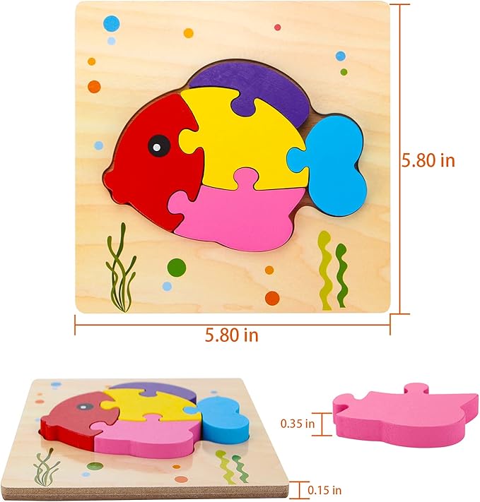 SKYFIELD Wooden Animal Puzzles for 1 2 3 Years Old Boys Girls, Toddler Educational Developmental Toys Gift with 6 Animals Baby Montessori Color Shapes Learning Puzzles