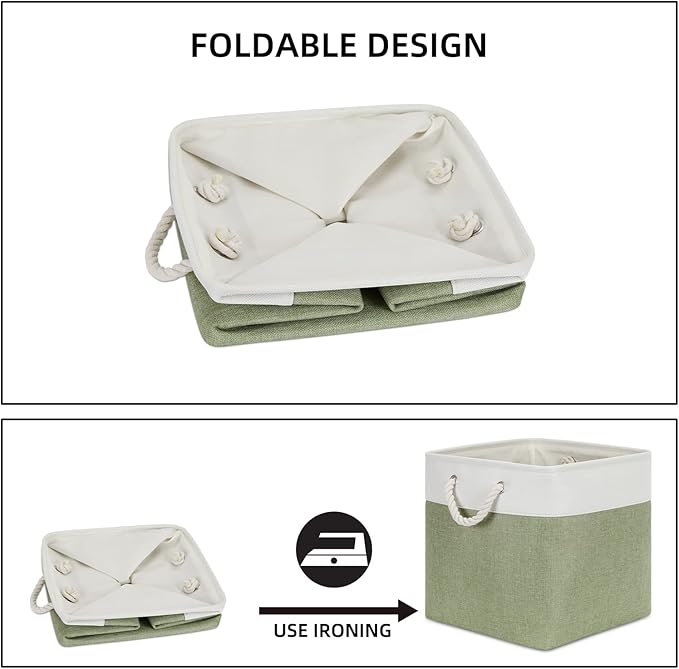 Bidtakay Cubby Storage Bins Set of 3 Fabric Baskets for Shelves Closet Drawer Organizer Storage Cubes 13x13 Collapsible Organization Baskets for Nursery Toy Shelf (White&green)