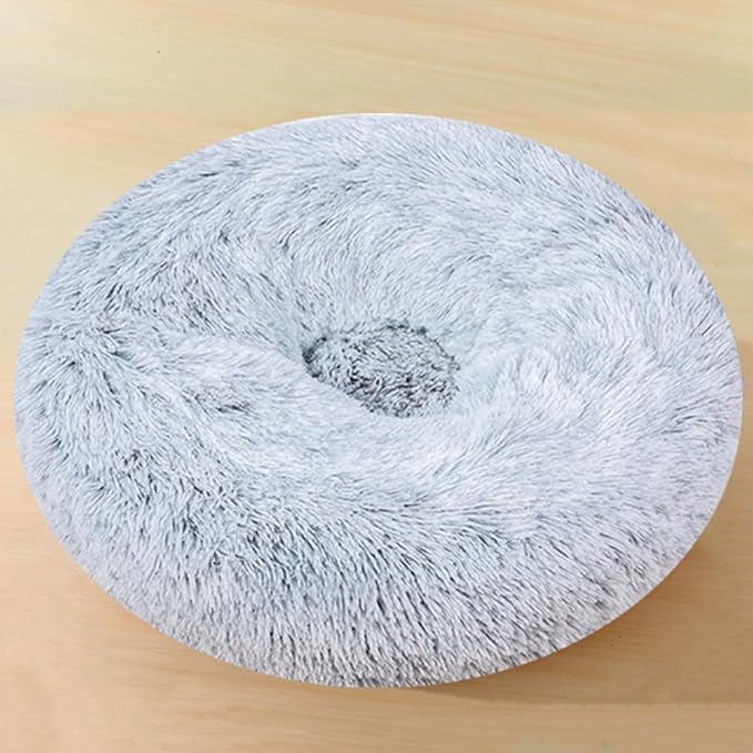 Large Calming Dog Bed, 47 Inch Anti-Anxiety Donut Dog Cuddler Cat Bed, Warming Cozy Soft Dogs Round Bed, Fluffy Faux Fur Machine Washable Pet Cushion for Medium Large Dogs & Cats (Grey White)