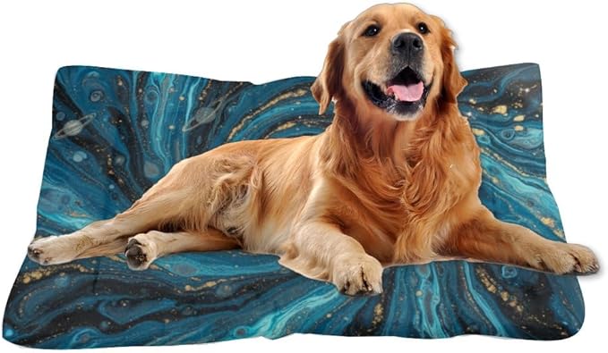 Blue Gold Fluid Swirl Marble Art Small Pet Bed Crate Mat Large Crate Pad Beds for Medium Dogs Washable Non-Slip Bed for Dog Washable Dog Pet Mat Beds Medium Indoor Outdoor 24X18 Inch