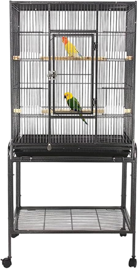 53 Inch Bird Cage with Wooden Perches, Standing Wrought Iron Birdcage with Wheels, Large Parrot Cage Bird Cages with Slide-Out Tray Water Bottle Feeder for Parakeets,Cockatiel, Canary,Pigeons