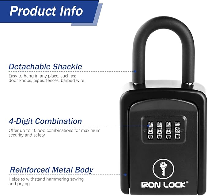 Iron Lock® Key Lock Box Portable with U-Shackle – Small Waterproof Heavy-Duty Metal Safe with 4-Digit Combination for Spare Keys Outside on Door Knob, Fence, or Gate (Black, Small)