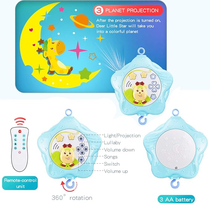 Baby Mobile for Crib with Musicial and Lights, Remote and Projection. Pack and Play Toys for Ages 0+ Months (Pink-Bee)
