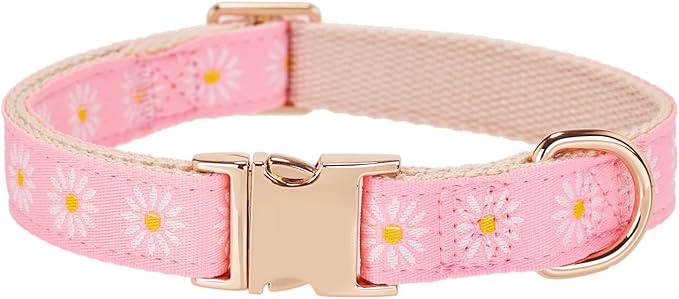 Woven Dog Collar with Metal Buckle Adjustable Jacquard Retro Dog Collars for Small Medium Large Dogs(Pink Daisy,M)