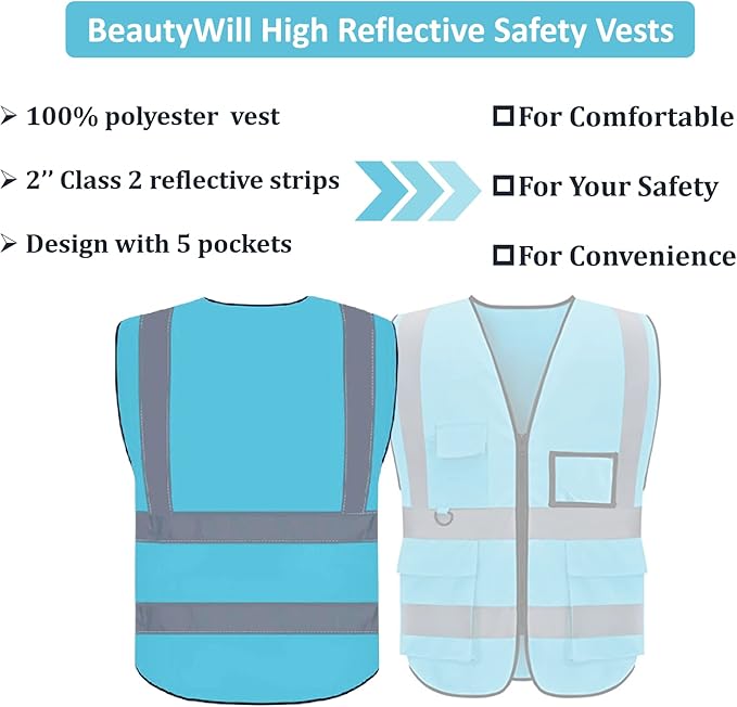 BeautyWill 10 Pack Safety Vest Custom Logo Class2 High Visibility Reflective Vest with 5 Pockets Construction Security Work Vest ANSI/ISEA Standards（Blue，3XL ）