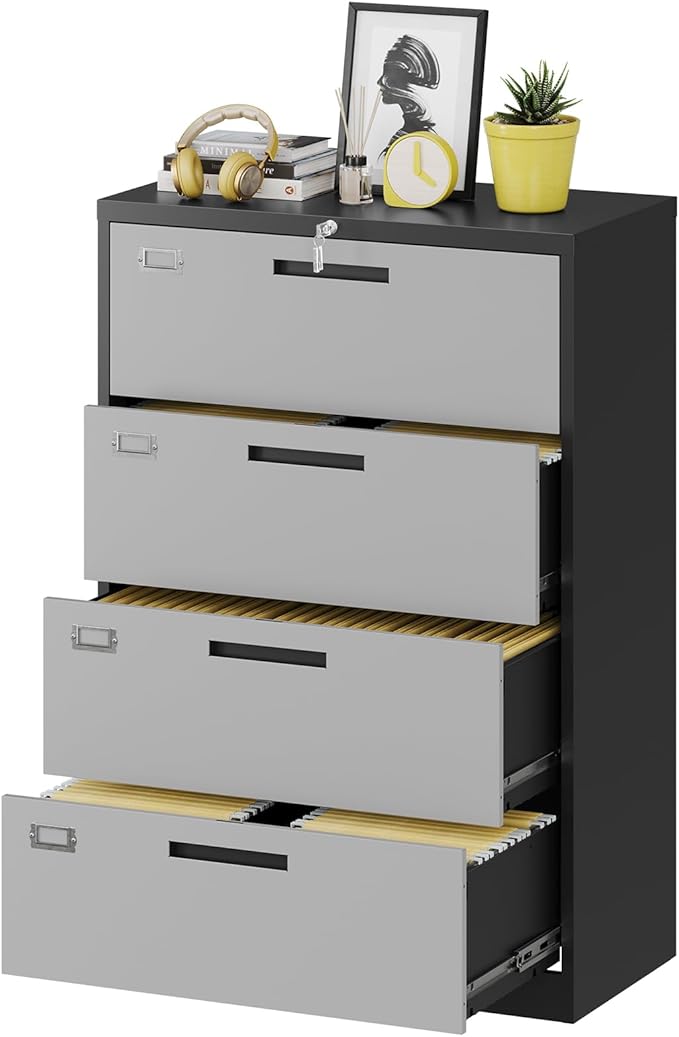 Metal Steel 4 Drawer Lateral File Cabinet with Lock, Filling Cabinets for Home Office, Lockable Storage Cabinet for Hanging Files Letter/Legal/F4/A4 Size-Assembly Required
