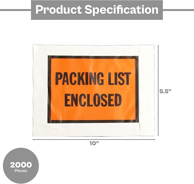 PSBM 2000 PCS 10 x 5.5 Inch Orange Full Face Packing List Enclosed Bags, Shipping Mailing Envelopes and Packing Slip Pouches for Mailing Labels, Invoices and Documents