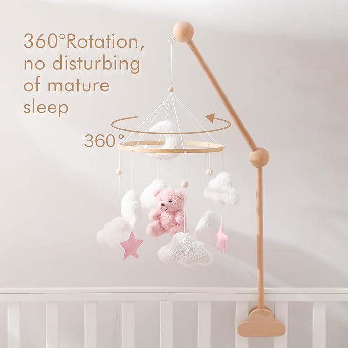 EERKEOD Baby Crib Mobile Bear Nursery Mobile for Boys Girls Teddy Velvet Mobile Nursery Decor for Infant Bedroom Hanging Baby Mobile for Bassinet Newborn Baby Gift（Pink Bear）