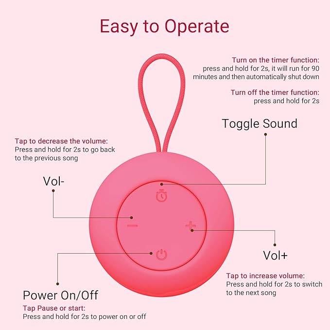 Portable Baby Sound Machine [White Noise for Babies Kids Adults][Sleep Soother][Timer Function][12 Soothing Sounds] 15 Hours Battery Life, Registry Gift,Shower,Clips on Baby Stroller.Rose