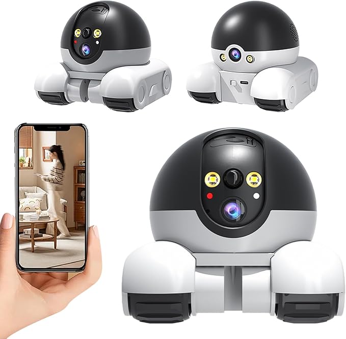 Security Indoor Camera 1080P Dual Lens,Movable Robot Camera on Wheels Movable with 2-Way Talk,Distance Bot with Night Vision, App Control for Home Security/Cats/Dogs/Elderly