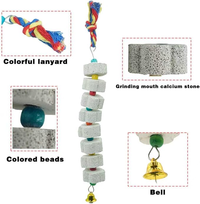 2 Pack Extra Long Chicken Chewing Toys with Beads and Bell, 27" Calcium Beak Grinding Stone for Cage, Bird Toys for Parrots, Budgies, Hamsters, Rabbits