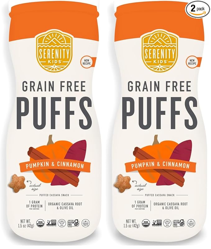 Serenity Kids 6+ Months Grain Free Puffs Toddler & Baby Snack | No Added Sugar, Gluten & Rice Free, Allergen Free | Made with Organic Cassava, Veggies, and Herbs | Pumpkin & Cinnamon | 1 Count
