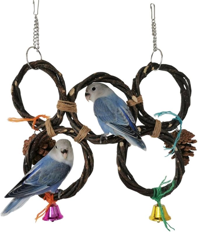 Circle Straw Bird Swing Stand Bird Perches Stand Hanging Chewing Toy for Parrots Bird Playground Cage Accessories Climbing Rope Net Ladders for Foraging Toys（Random Color） (5 Ring Single Row)