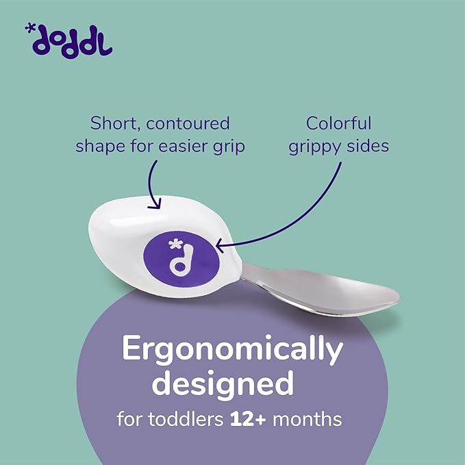 doddl Toddler Utensils, Ergonomic Fork and Spoon Set for Self Feeding, Stainless Steel Silverware for 1-3 Year Olds, BPA Free, Dishwasher Safe (Indigo)