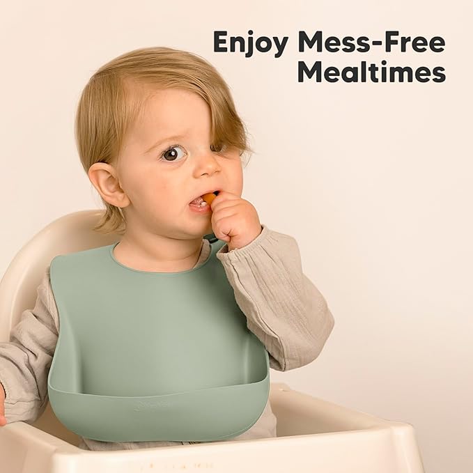 KeaBabies 2-Pack Silicone Baby Bibs for Eating - Sturdy Food-Grade Silicone Bibs for Babies Girl, Boy, Large Food Catcher, Clean & Put On Easily, Waterproof Toddler Feeding Essentials (Sage)