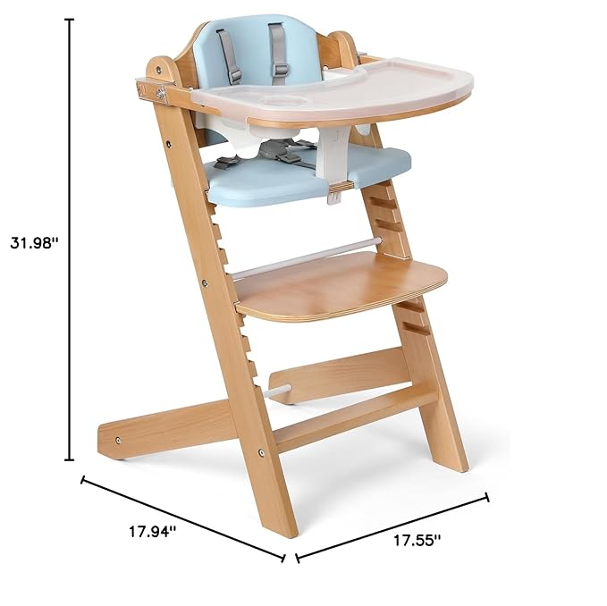 Cowiewie Natural Wooden High Chair for Babies & Toddlers 3-Tier Remove & Adjustable Tray, 8 Adjustable Highchair with Cushions, Portable (Blue)