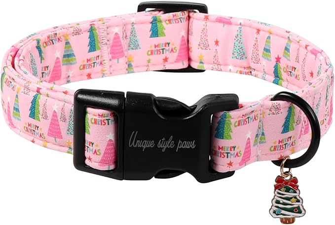 Unique Style Paws Christmas Dog Collar, Pink Dog Collar with Christmas Trees Pattern, Lightweight & Adjustable Pet Collar with Plastic Buckle for Small, Medium, Large Boy Girl Dogs