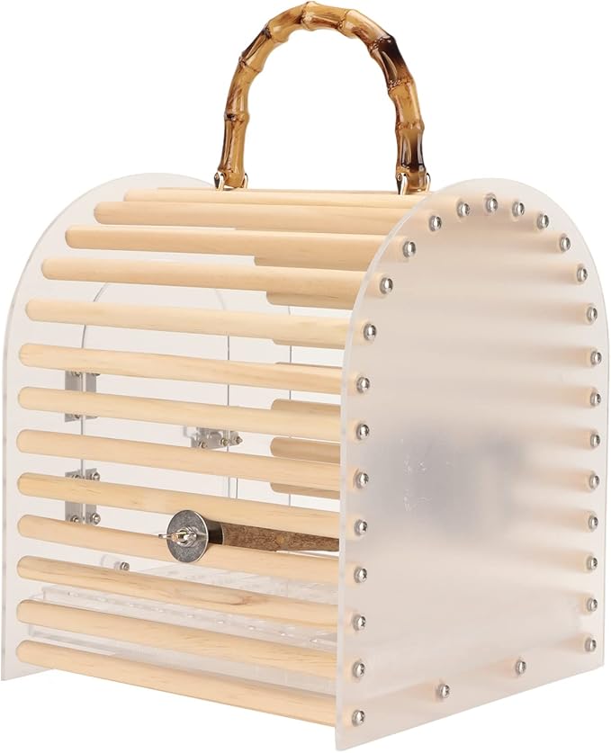 Zerodis Portable Bird Cage, Small Transparent Travel Bird Carrier with Delicate Carrying Handle Grip Wooden Acrylic Stainless Steel Material Birdcage with Lock