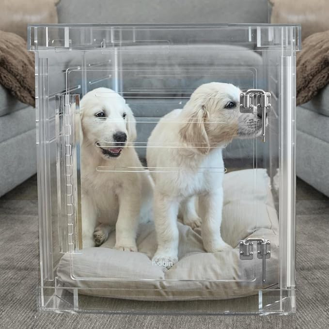 Clear Acrylic Medium Dog Crate Furniture with Charcoal Cushion for Medium Dogs up to 40 lbs, 3 in 1 Pet Crate and Gate, Modern Furniture Style Indoor Kennel, Dual Silver Latch, 20 x 30 x 22 in